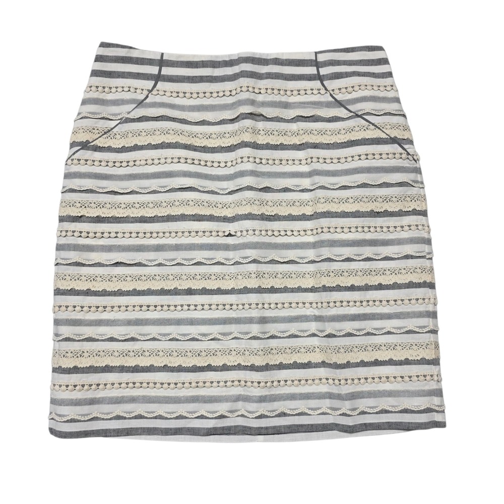 Anthropologie Tabitha Gray Striped Lace Trim Mini Skirt Womens Size‎ 6